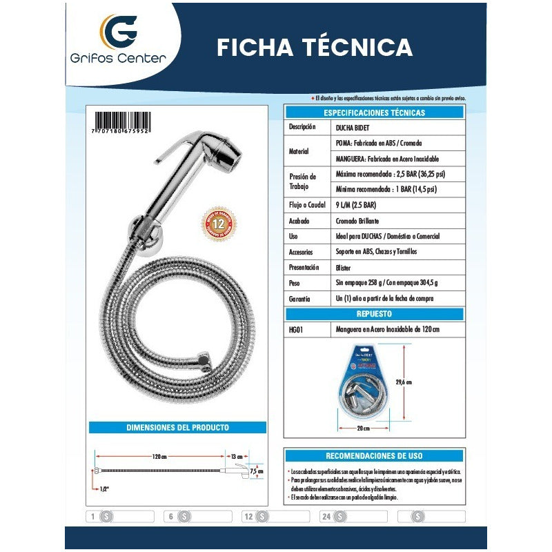 Ducha Bidet Abs Cromada Con Manguera