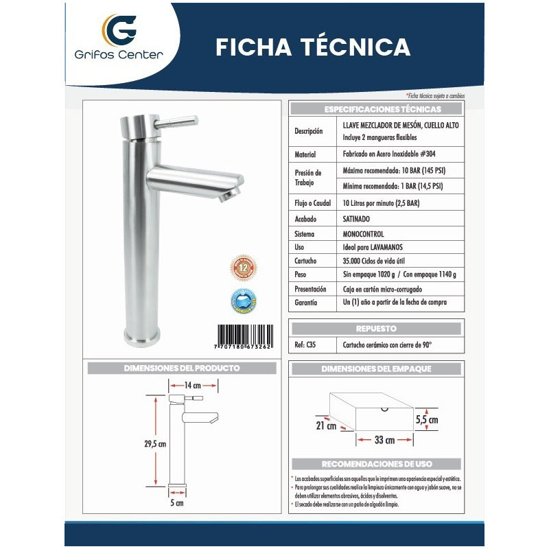 Griferia Monocontrol Lavamanos Poste Alto Cuello Recto