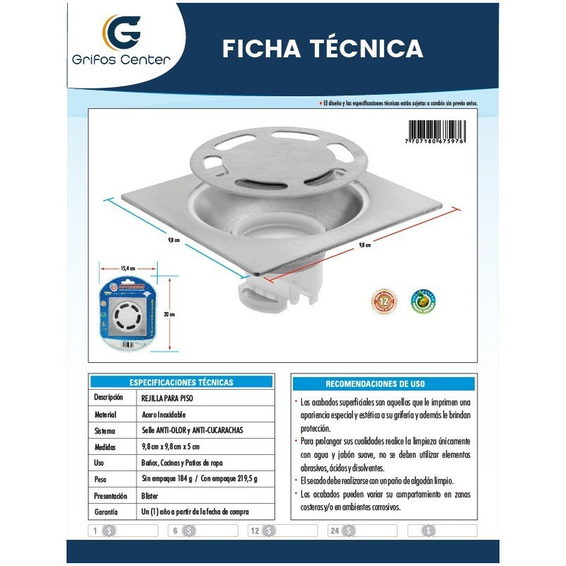 Rejilla De Piso Antiolor-anticucarachas Acero Inoxidable