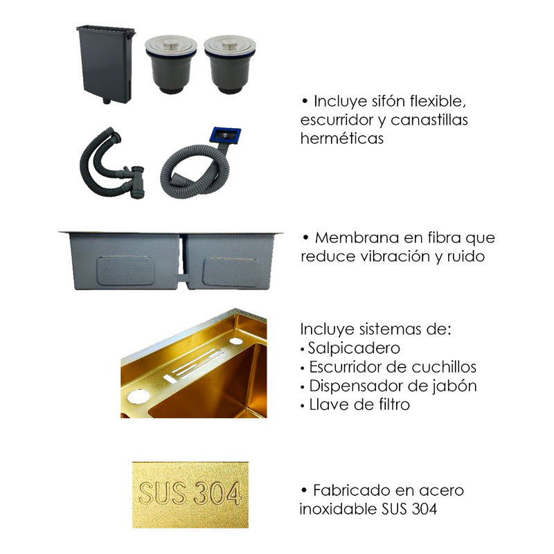 Lavaplatos Doble Pozo Con Escurridor Dorado + Accesorios
