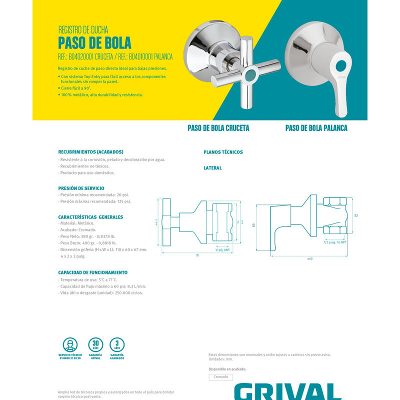 Registro Grival Ducha Paso De Bola Palanca