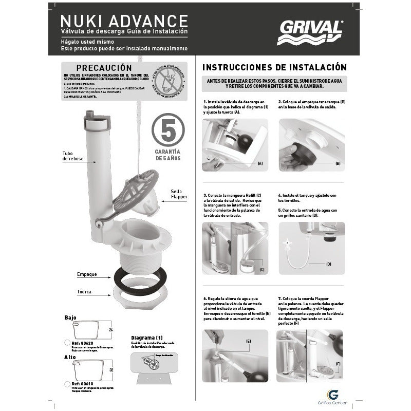 Válvula De Sanitaria Descarga Nuki Advance 26cm Grival