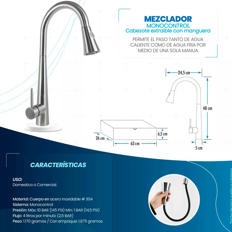 Combo Lavaplatos 51*45cm+griferia Extraible Plata+accesorios