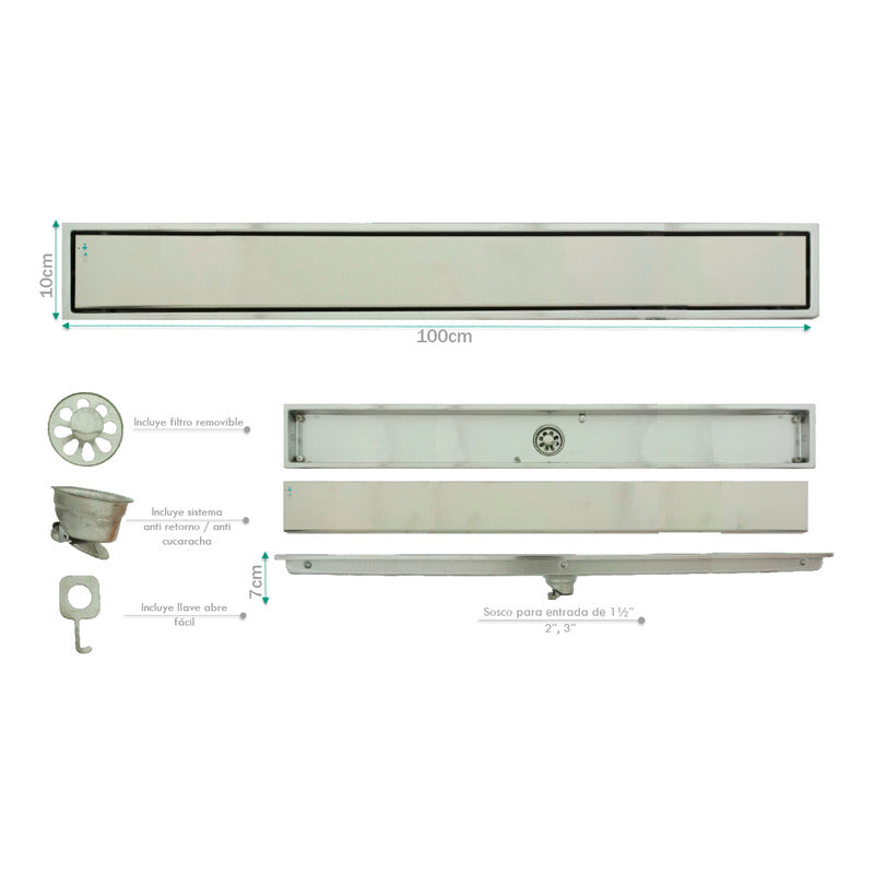 Rejilla De Piso Invisible Plateada Acero Inox 100x10cm