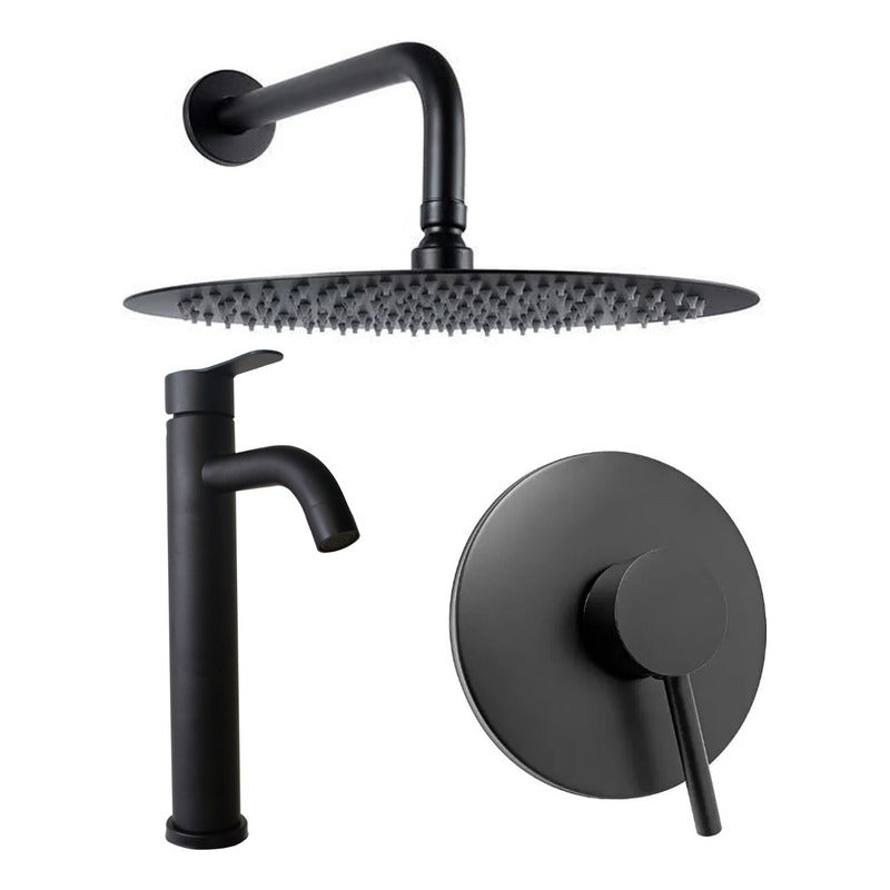 Kit Ducha 15cm +griferia Agua Fria+monocontrol Redondo Negro