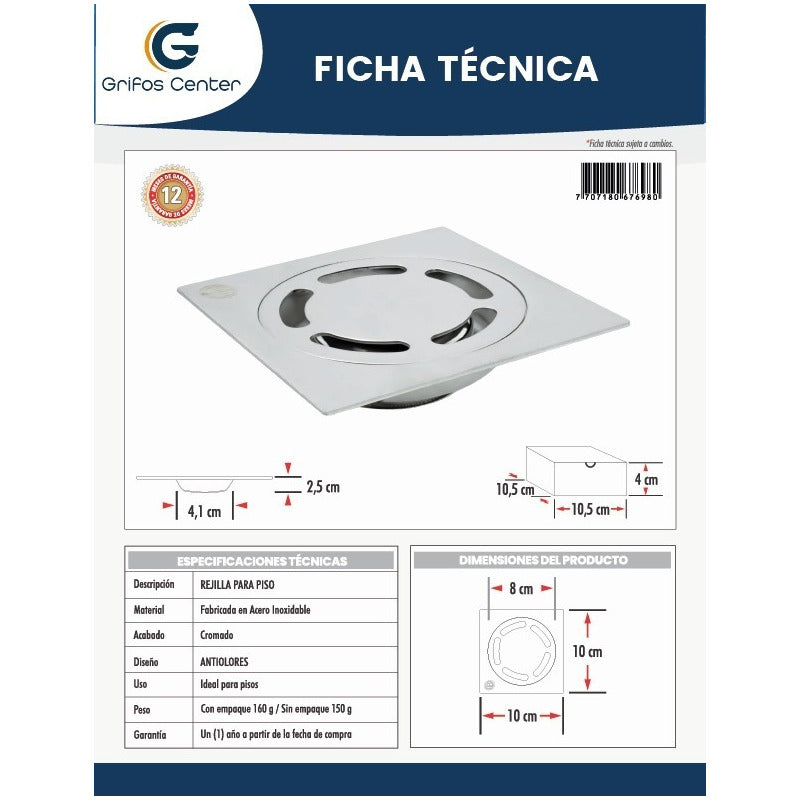 Rejilla De Piso Antiolor Acero Inoxidable 10 X10cm