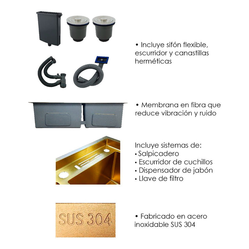Lavaplatos Doble Pozo Con Escurridor Oro Rosa+ Accesorios