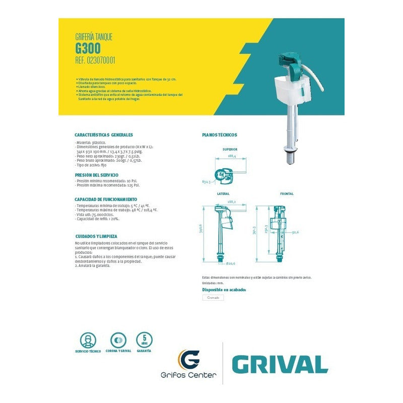 Válvula De Llenado Hidroestática Para Sanitario G300 Grival