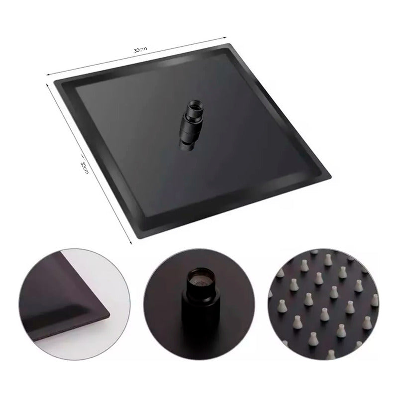 Ducha Regadera Acero Inox. Cuadrada 30cm Negro Mate + Tubo