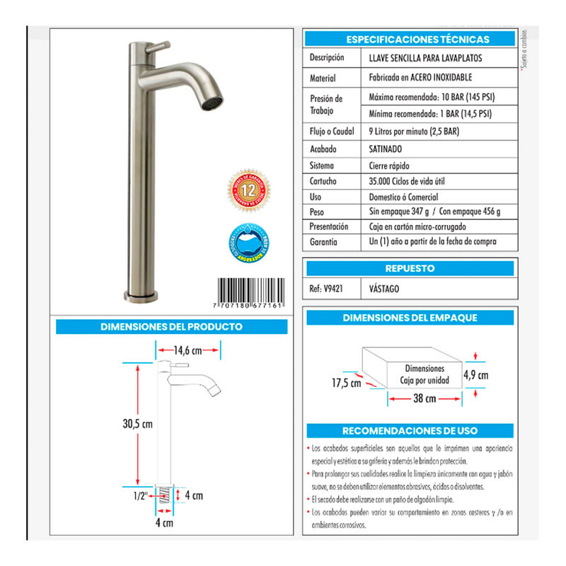Griferia Para Lavamanos Agua Fría Poste Alto Metálica Acero