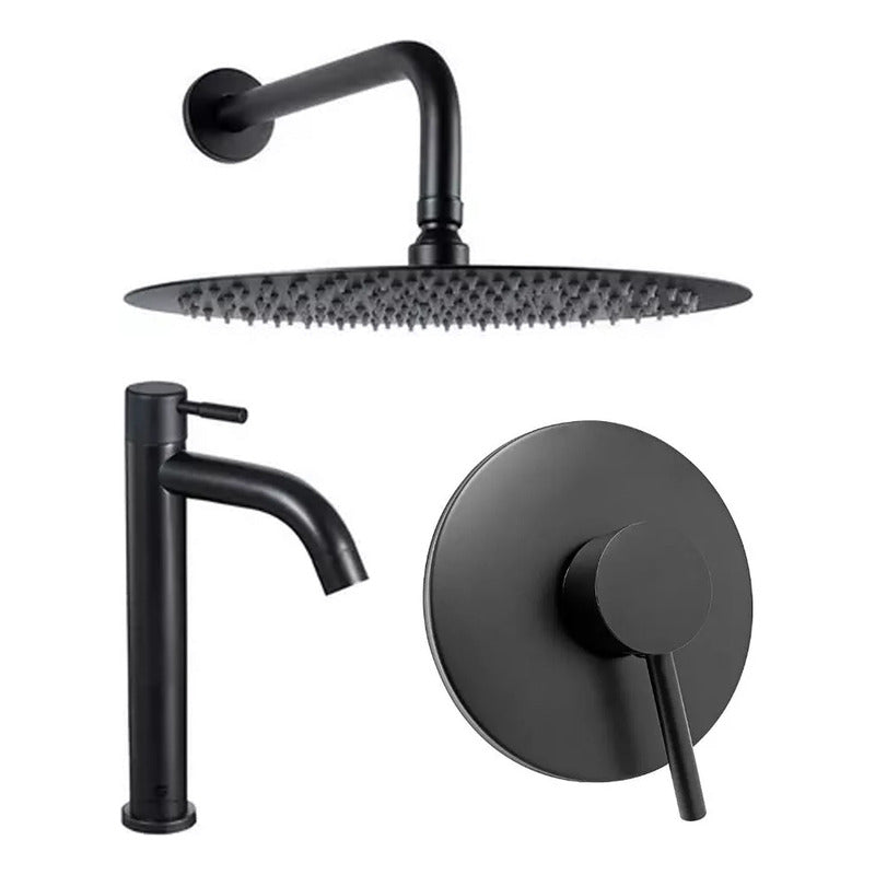Kit Ducha 25cm +griferia Agua Fria+monocontrol Redondo Negro