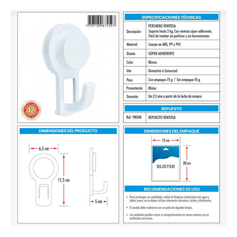 Perchero Para Baño En Ventosa Blanco