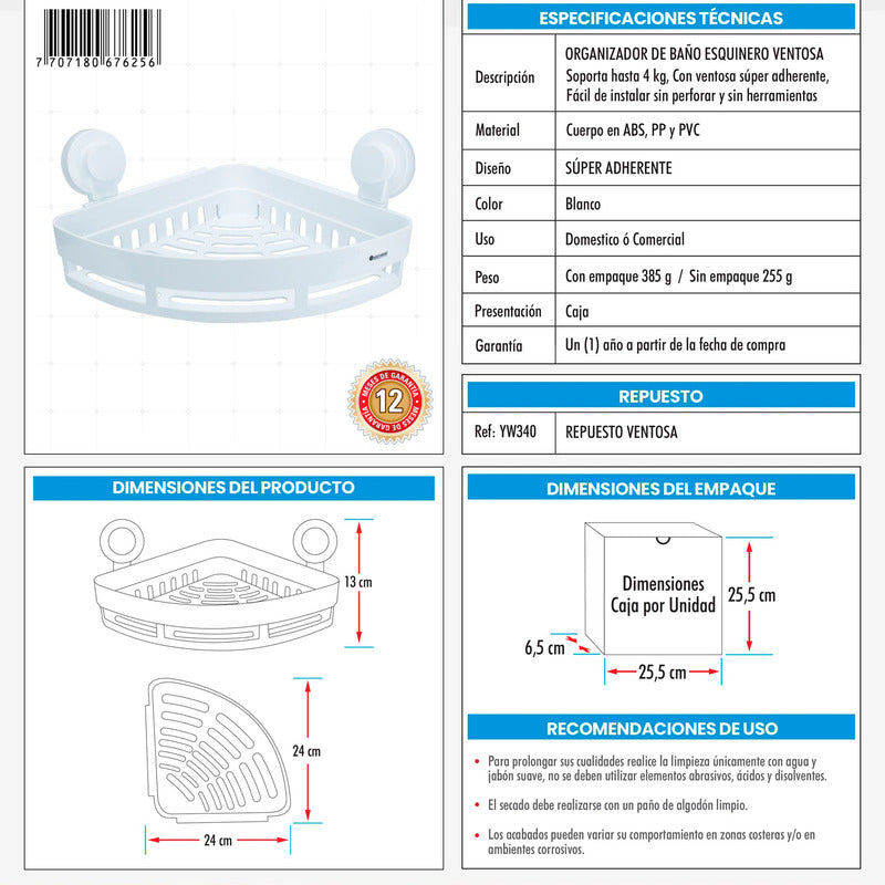 Repisa Organizadora Ventosa Baño Con Toallero Color Blanco