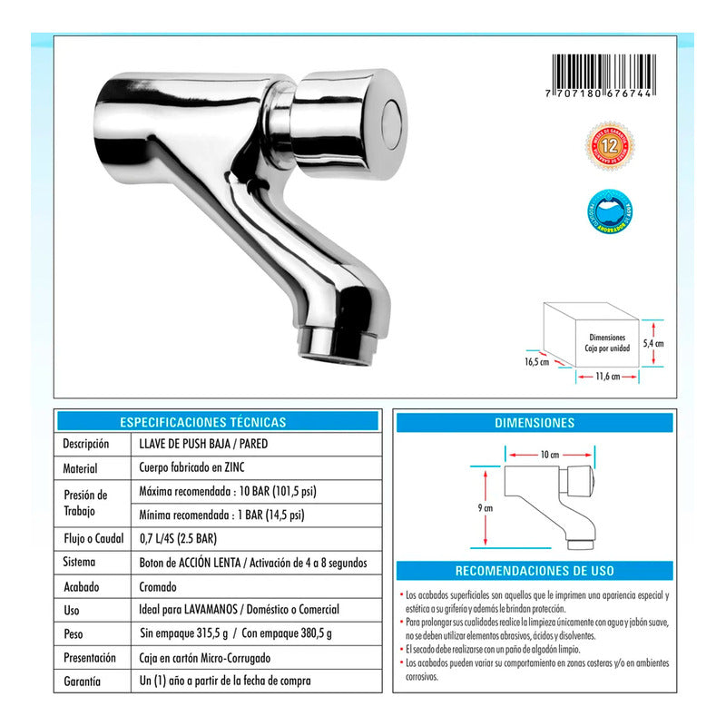 Llave Push Lavamanos Liviana Metálica Ahorradora De Agua