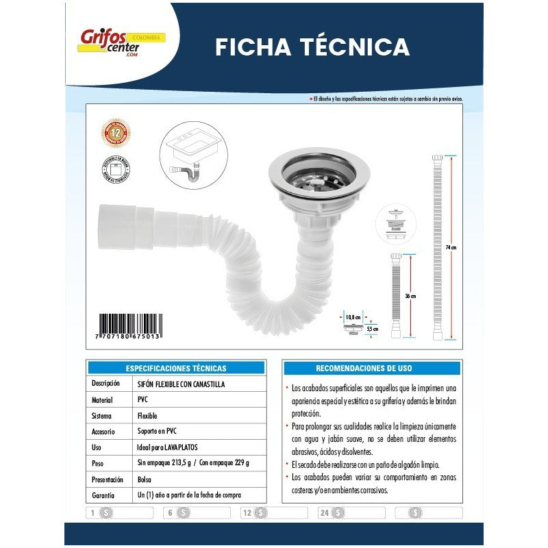 Sifón Flexible Con Canastilla Para Lavaplatos
