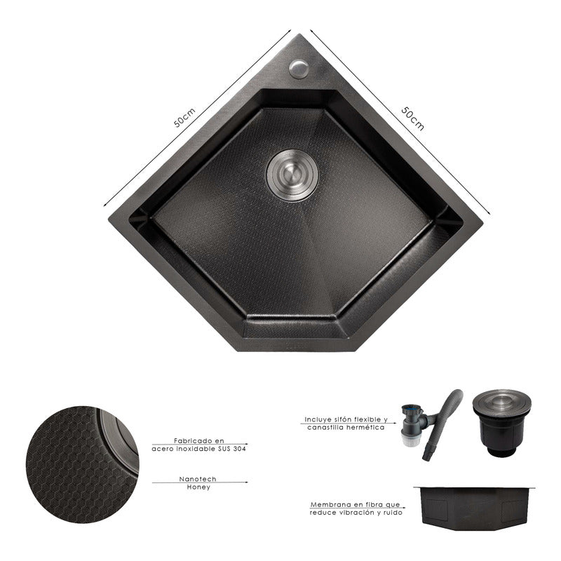 Lavaplatos Esquinero Negro 50x50cm Acero 304