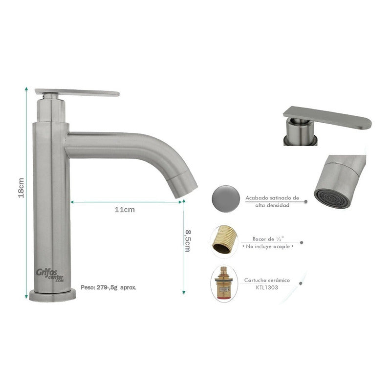 Llave Lavamanos Baja Cylinder Satin Curvo