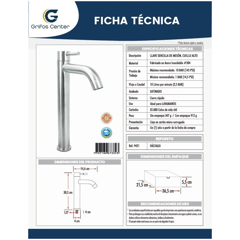 Griferia Lavamanos Agua Fría Poste Alto Metálica Acero
