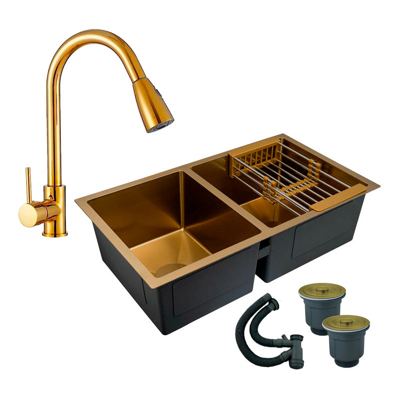 Combo Lavaplatos Doble 77*45cm+grifo Lvp Oro Extr.brillante