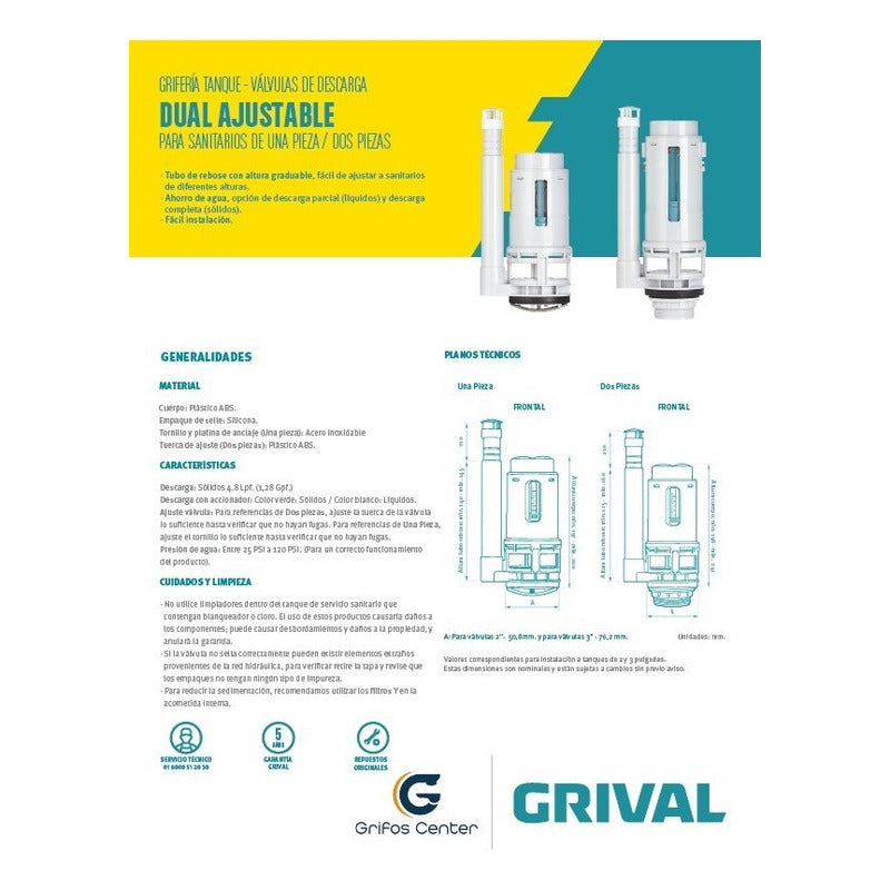 Válvula Sanitario Dual Ajustable 1 Pieza 2 Pulgadas Grival