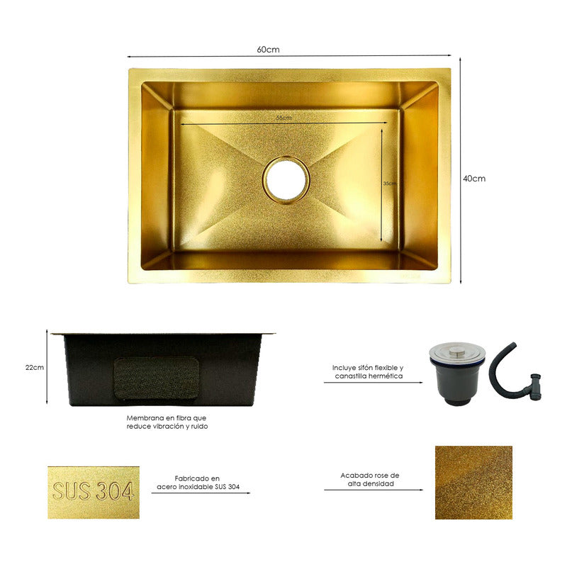 Lavaplatos Acero 304 Dorado Vintage 60*40*22cm + Accesorios