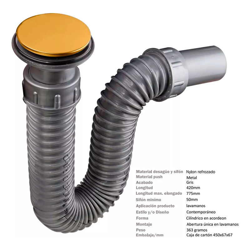Sifón Lavamanos Flexible Gris Con Push Negro Mate