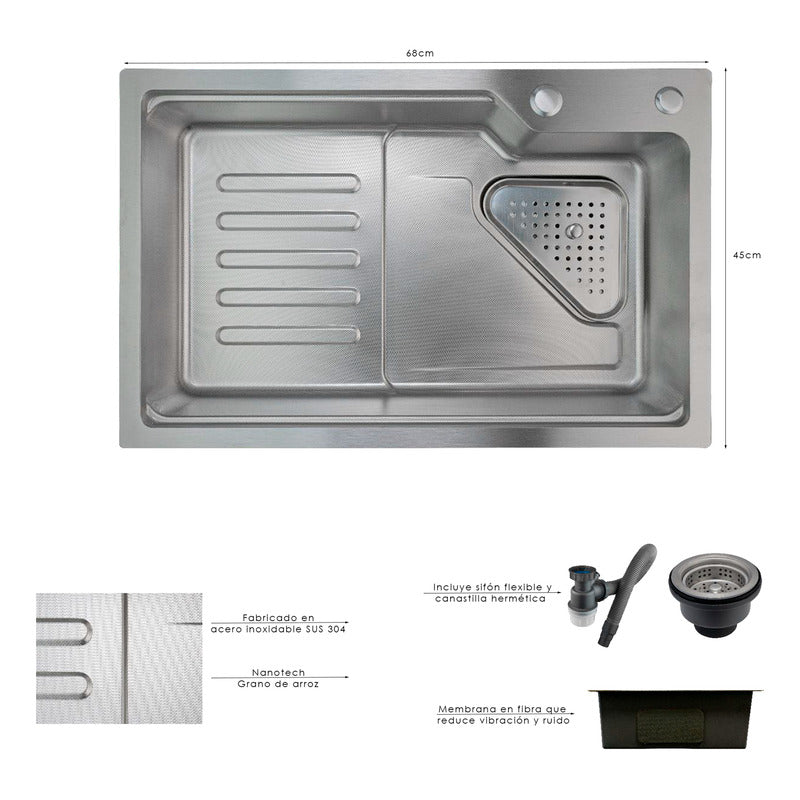 Lavaplatos Acero Plateado Sistema De Riel 68x45cm+accesorios