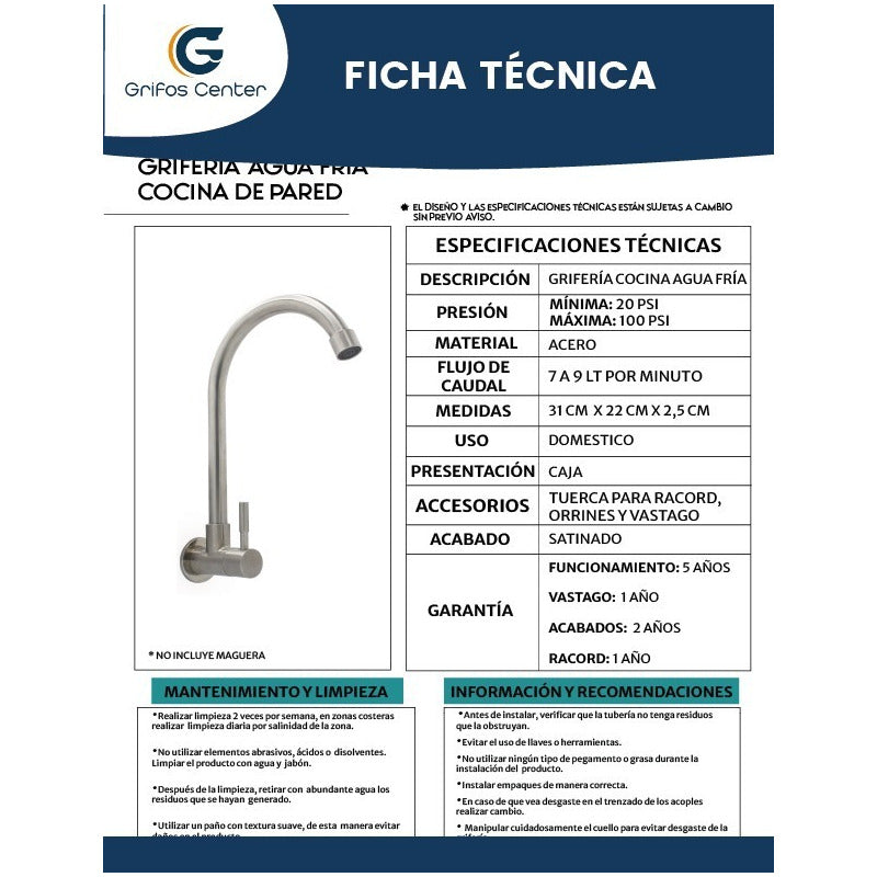 Grifería Lavaplatos Agua Fría Pared