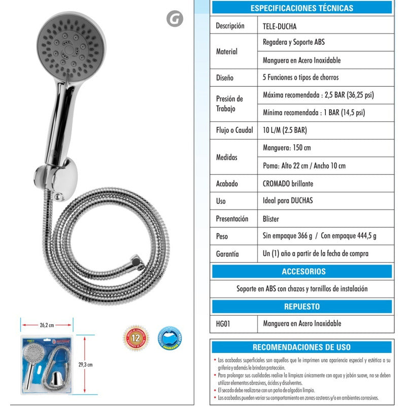Teleducha Cromada Abs 5 Funciones, Manguera 1.5 Acero Inox.