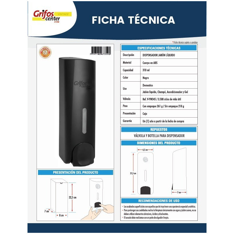 Dispensador De Jabon Liquido Negro