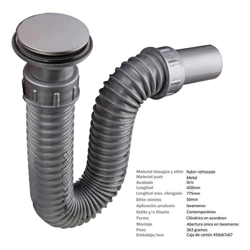 Sifón Lavamanos Flexible Gris Con Push Cromado