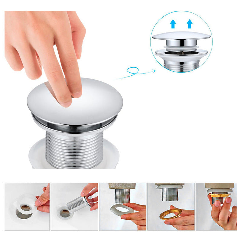 Desague De Push Para Lavamanos Sin Rebose En Zinc 9cm