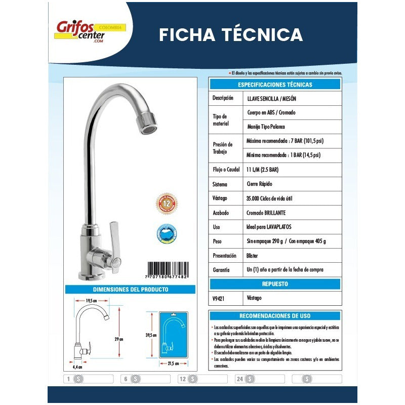 Griferia Llave Lavaplatos Agua Fria En Bronce
