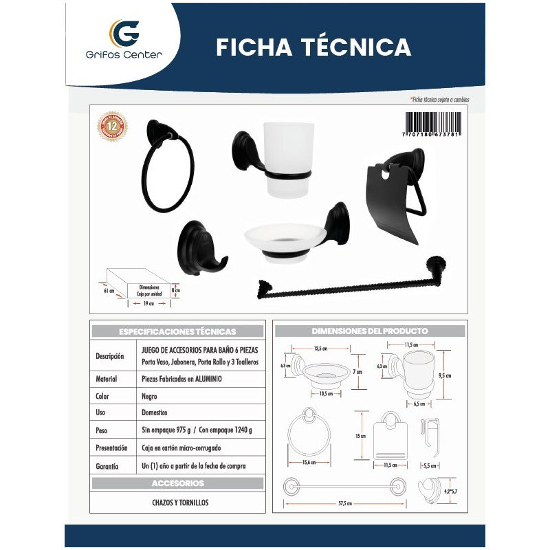 Juego De Accesorios Para Baño Negro Zinc 6 Piezas