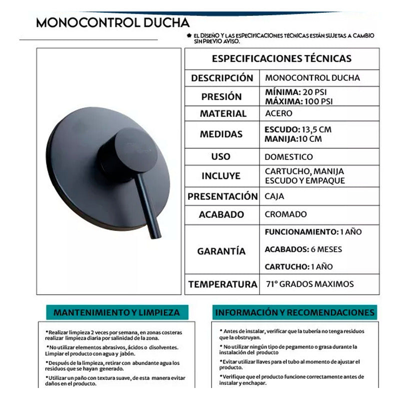 Grifería Ducha Monocontrol Negra Mate Vintage