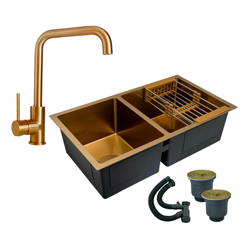 Combo Lavaplatos Doble 77*45cm+griferia Lvp 7 Oro Cepillado