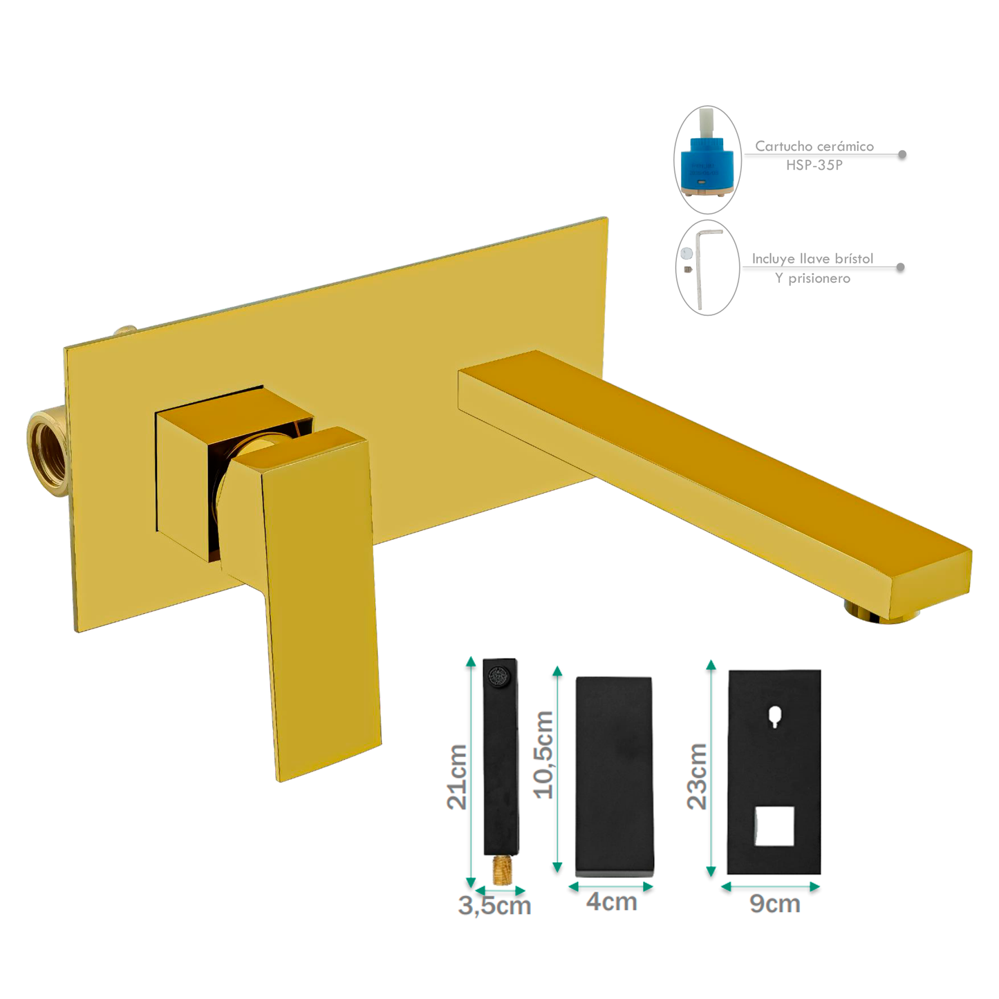 Griferia Monocontrol Lavamanos a Pared Dorado Brillante