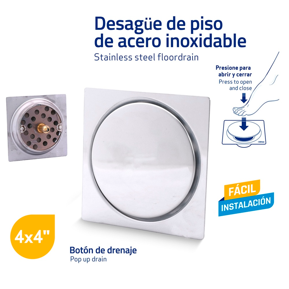 Rejilla de Piso 10cm con Boton de Drenaje Plateada Cromada