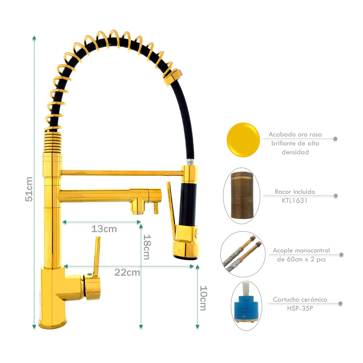 Griferia Monocontrol Lavaplatos Espiral Dorado Brillante