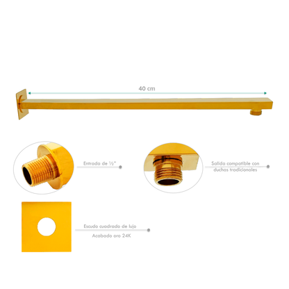 Tubo de Ducha Pared Cuadrado 40cm Dorado Brillante