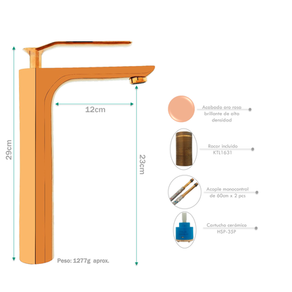 Griferia Monocontrol Lavamanos Alta Rose Gold Singapur