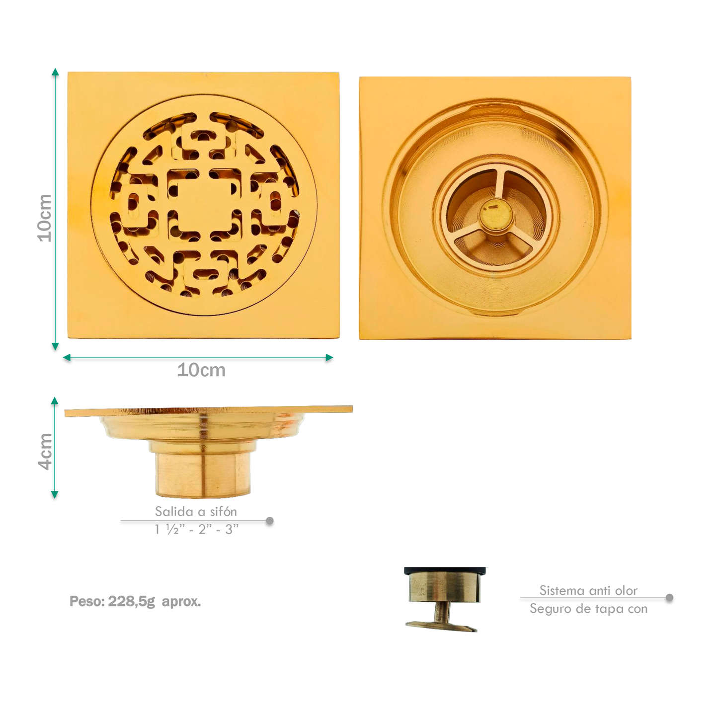 Rejilla de Piso Cuadrada 10cm Dorado Brillante
