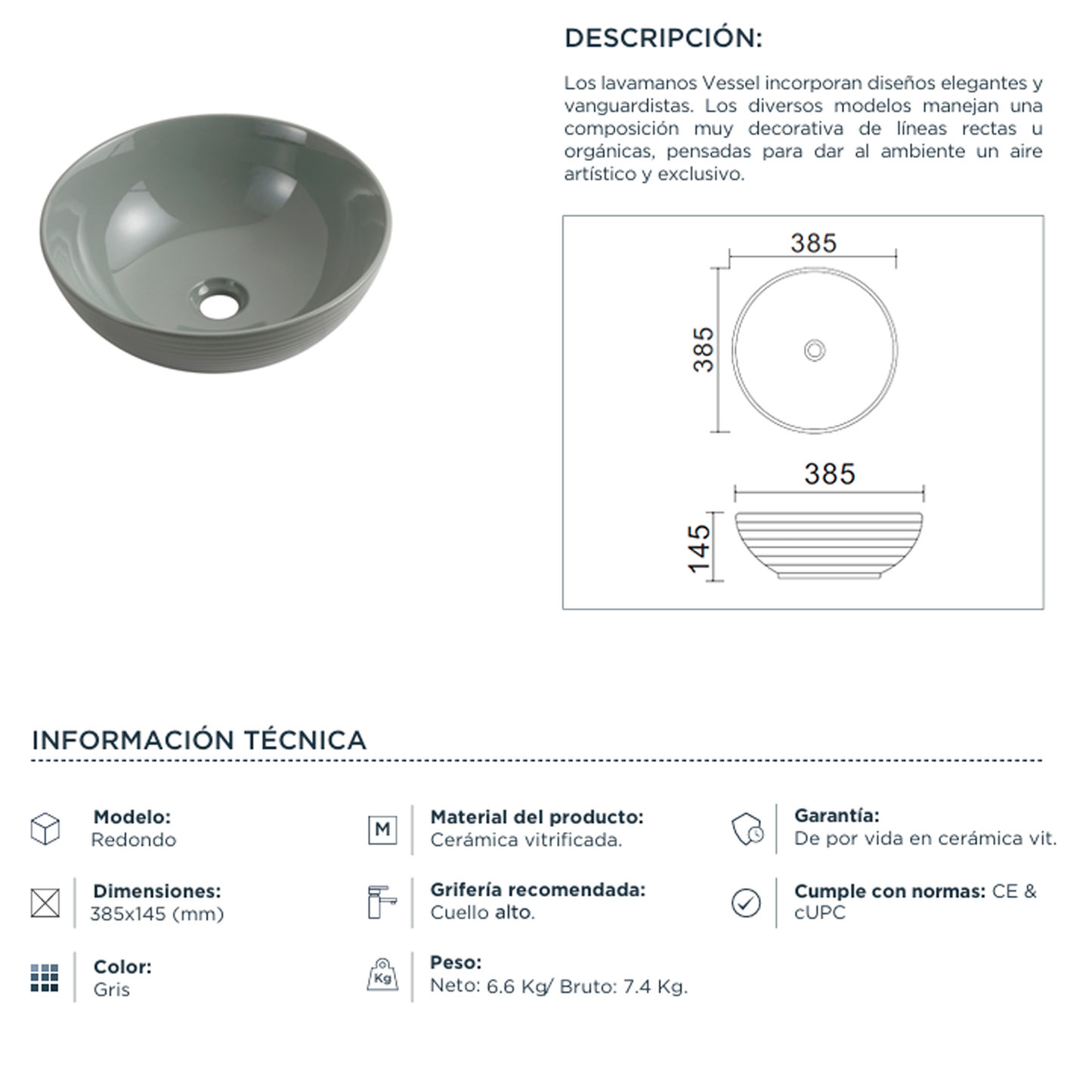 Lavamanos de Sobreponer Redondo Vessel Gris Mate