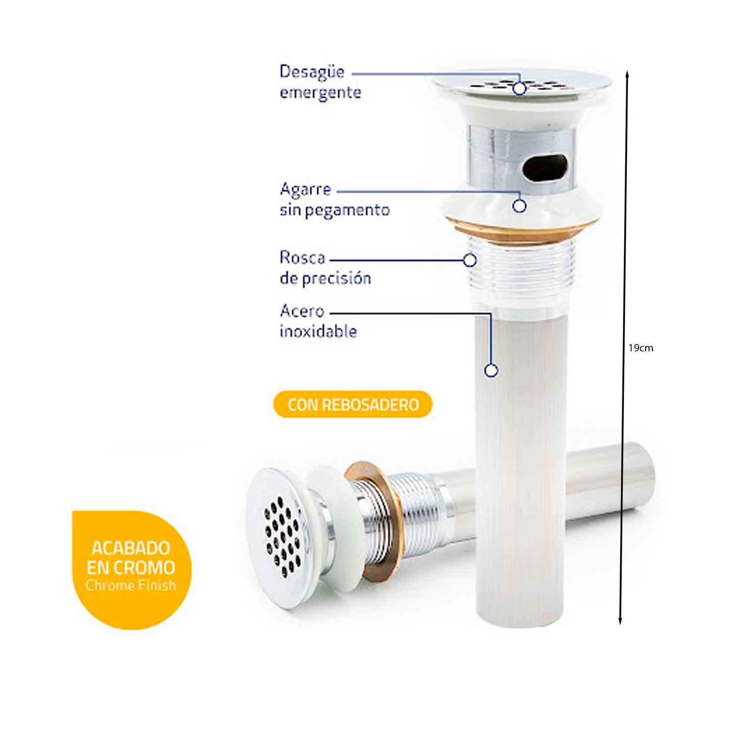 Desague de Push para Lavamanos con Rebosadero en Acero Inox