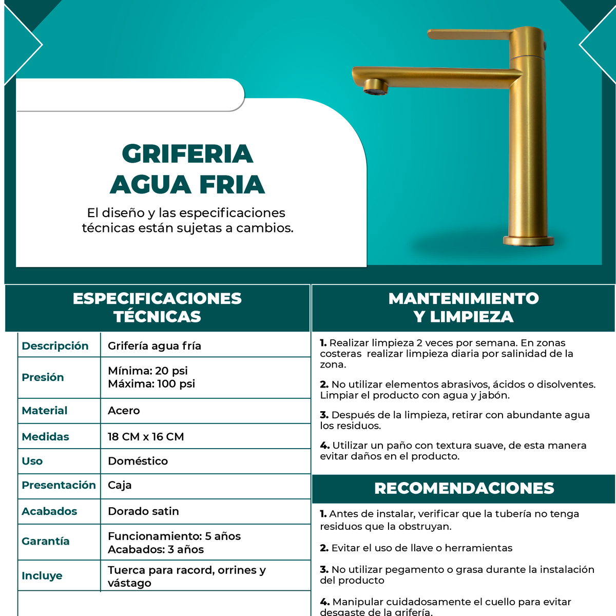 Griferia Lavamanos Agua Fria Baja Dorado Cepillado 201