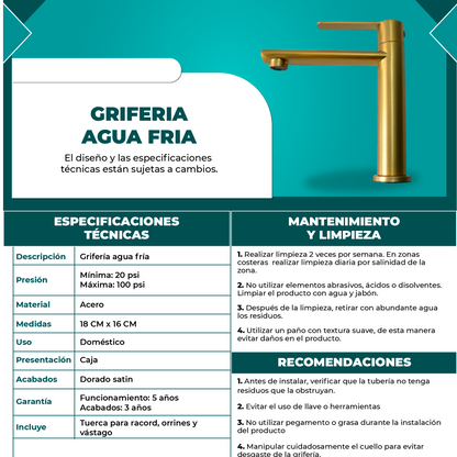 Griferia Lavamanos Agua Fria Baja Dorado Cepillado 201