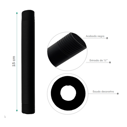 Regadera Ducha Cuadrada 20cm +Tubo a Techo 15cm Negro Mate