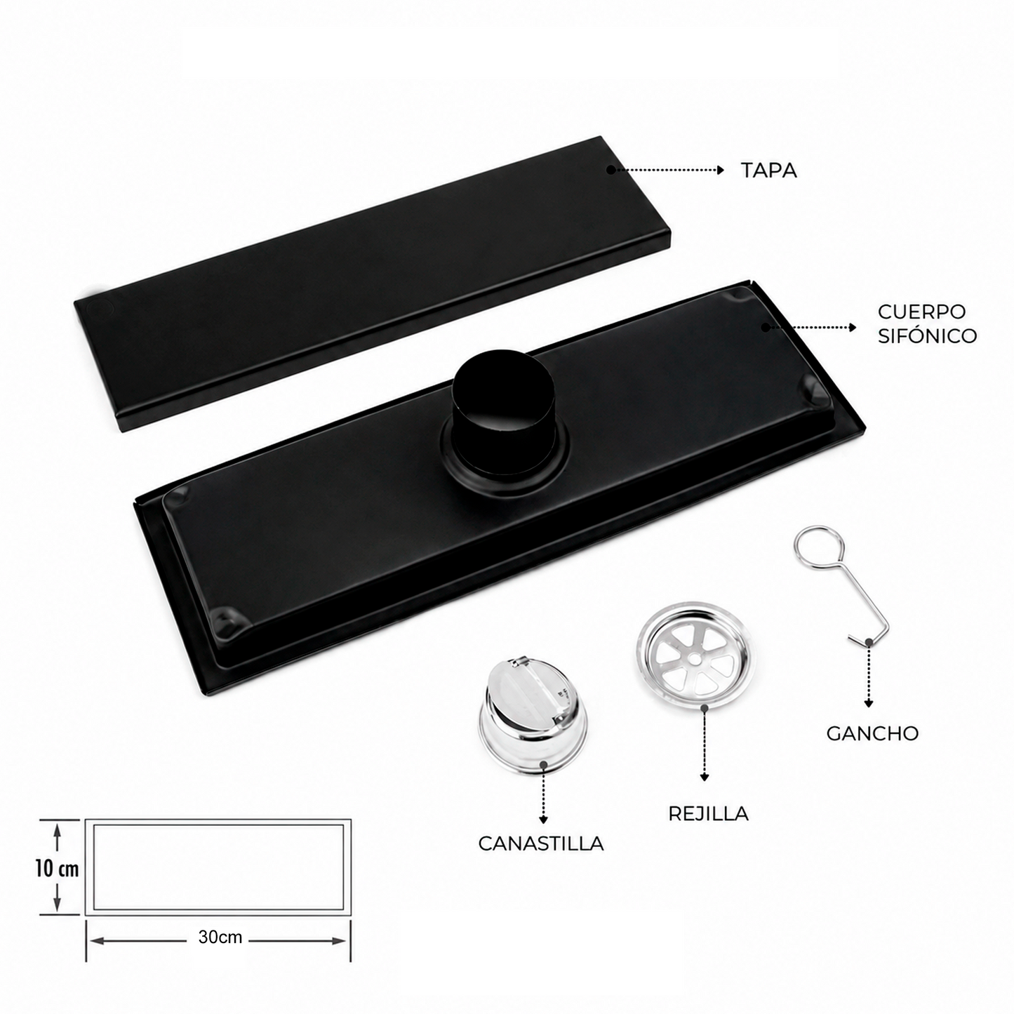 Rejilla De Piso Invisible Negro Mate 30 X 10cm