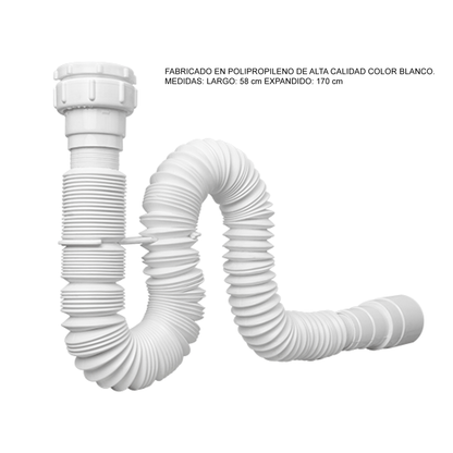 Sifon Flexible para Lavamanos o Lavaplatos Extralargo Blanco