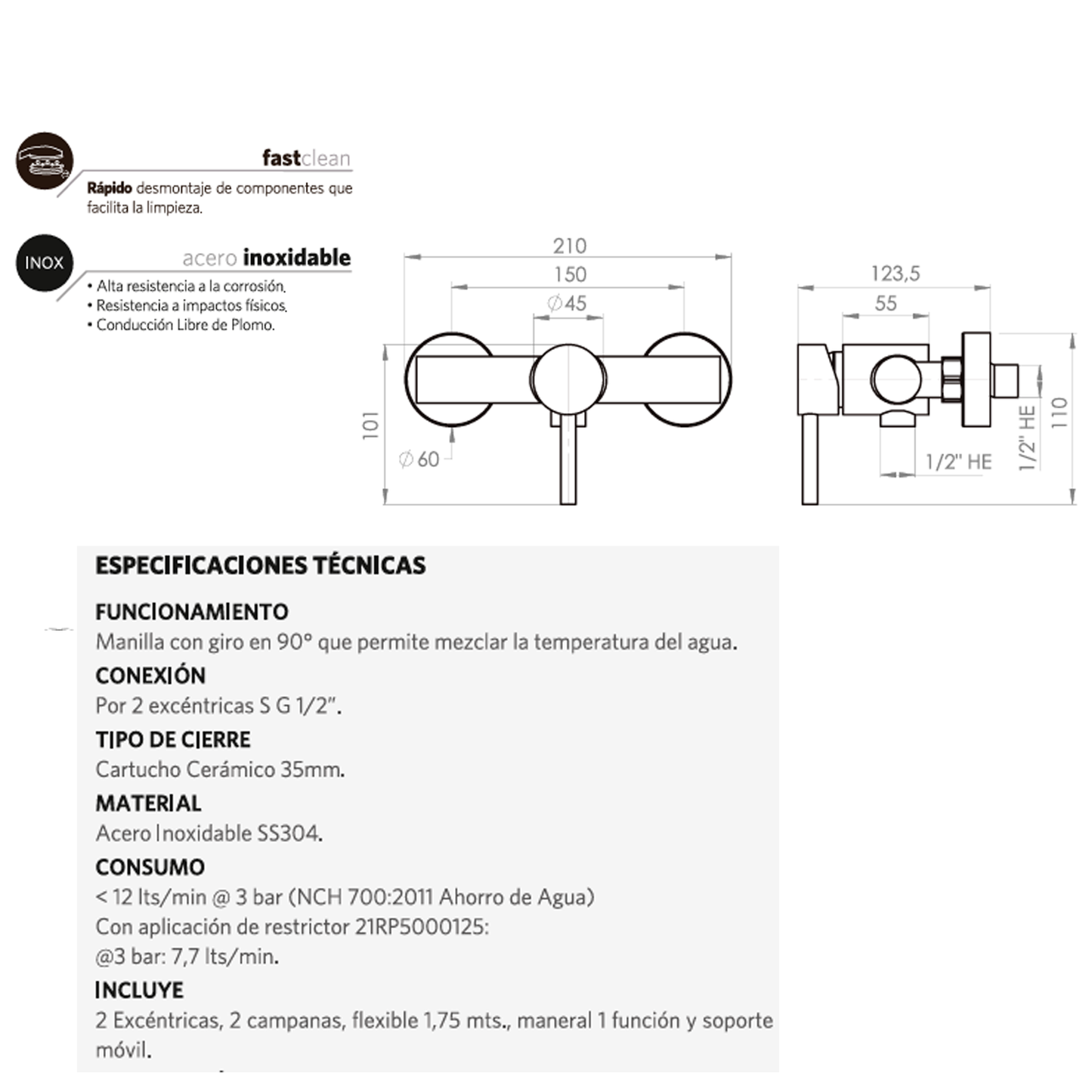 Mezclador Ducha Monocontrol Cuerpo Expuesto Satinado Fiorenzo